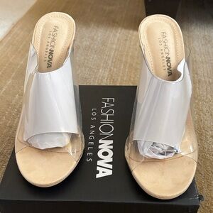 Fashion Nova White and Tan Mules